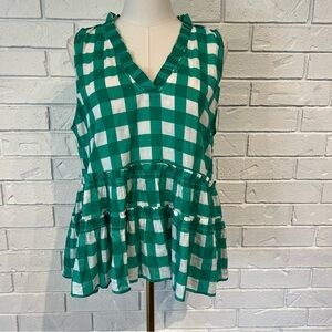 THML Green and White Checkered Peplum Blouse